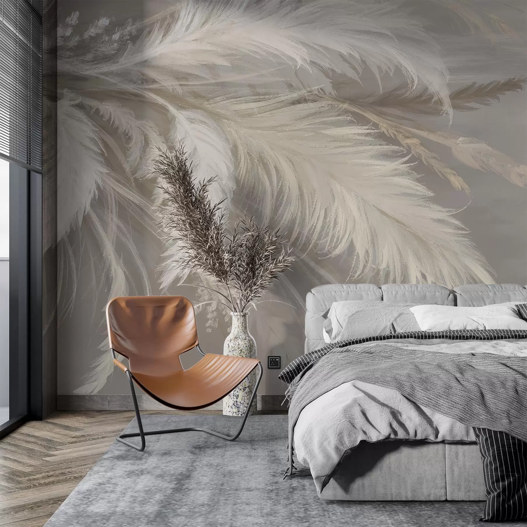 fototapeter Myke, myke, hvite fjær og tørkede blomster mot en nøytral pastellbeige bakgrunn w08403