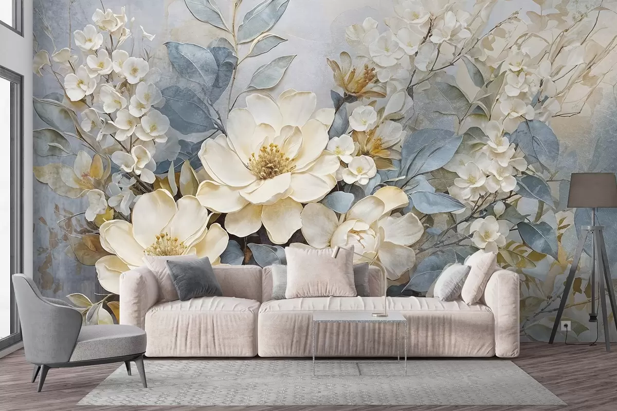 fototapeter Store hvite og lysegule blomster med grågrønne blader mot en myk, uskarp bakgrunn w08404