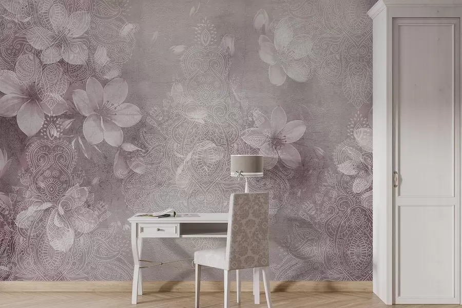 fototapeter Myk fokustegning av delikate hvite blomster på en uskarp teksturert blondebordo-bakgrunn w08405v2