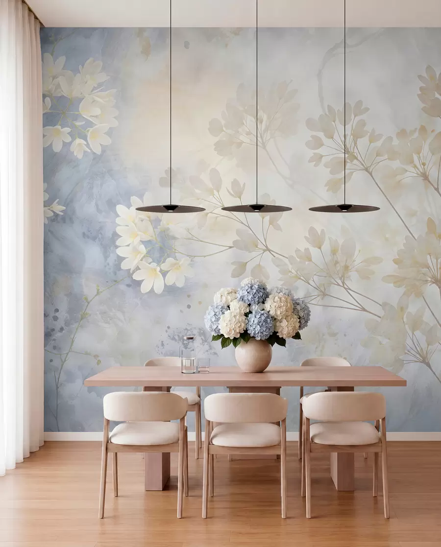 fototapeter Delikat abstrakt pastelltrykk av hvite blomster på uskarp bakgrunn, mykt og eterisk w08408