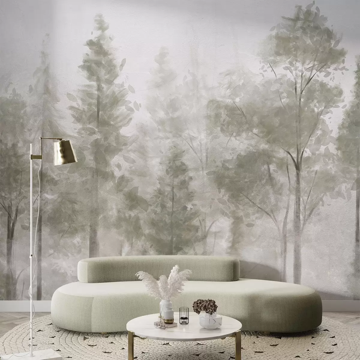 fototapeter Høye, strukturerte furutrær i en tåkete skog, med en tåkete, disig atmosfære w08411