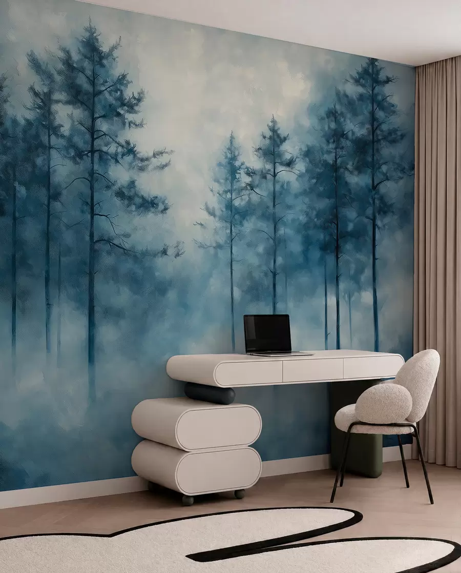 fototapeter Mystisk skog, furutrær, tåke, akrylmaling, dype blå farger w02149