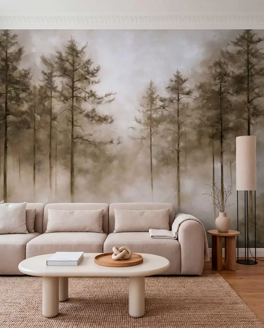 fototapeter Mystisk skog, furutrær, tåke, akrylmaling, beige farger w02149v1