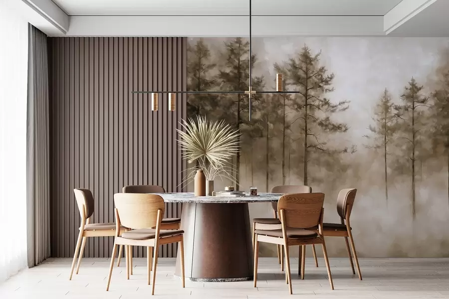 fototapeter Mystisk skog, furutrær, tåke, akrylmaling, beige farger w02149v1