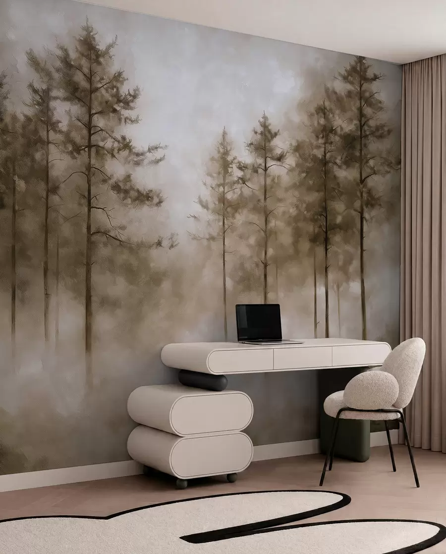 fototapeter Mystisk skog, furutrær, tåke, akrylmaling, beige farger w02149v1