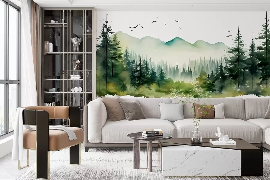 fototapeter Akvarell av skog- og fjellandskap, grønn fargepalett  w02150