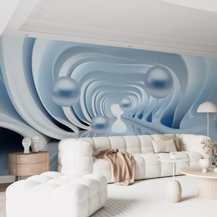 fototapeter Futuristisk tapet med et panorama av tunnelen i perspektiv og flygende perler w02134