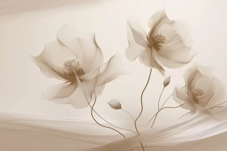 fototapeter Tre grasiøse blomster med gjennomskinnelige kronblader, flettet sammen med bånd av lys og vind i beige toner w01932