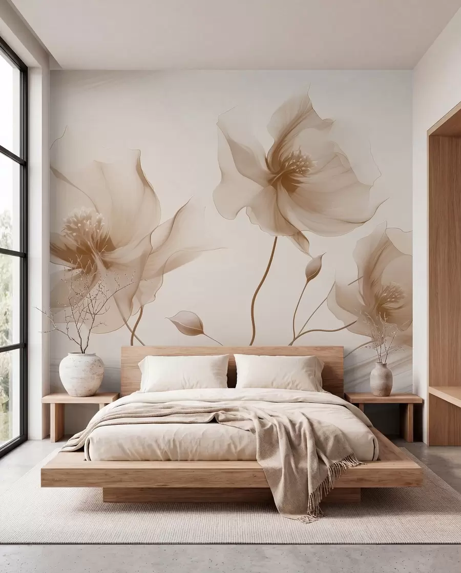 fototapeter Tre grasiøse blomster med gjennomskinnelige kronblader, flettet sammen med bånd av lys og vind i beige toner w01932