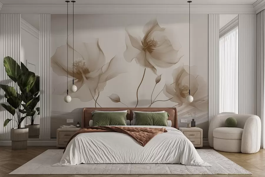 fototapeter Tre grasiøse blomster med gjennomskinnelige kronblader, flettet sammen med bånd av lys og vind i beige toner w01932