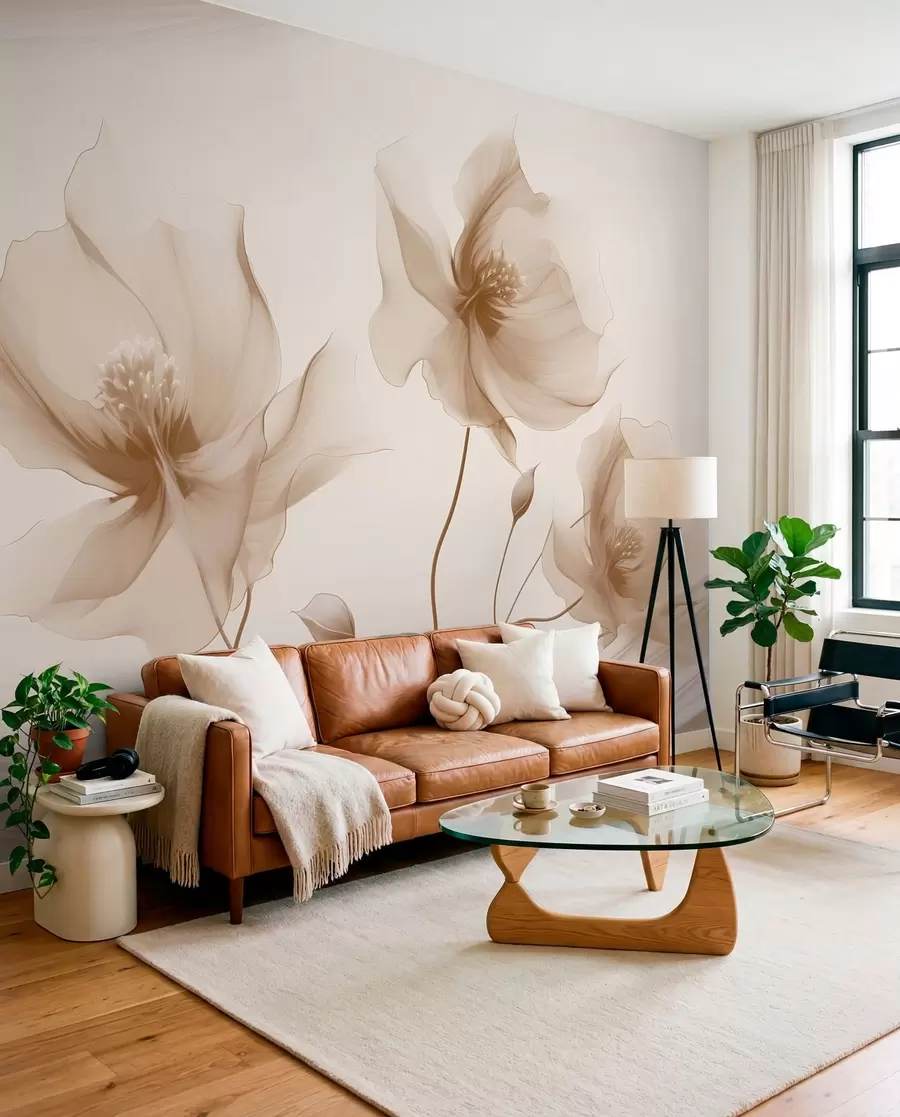 fototapeter Tre grasiøse blomster med gjennomskinnelige kronblader, flettet sammen med bånd av lys og vind i beige toner w01932