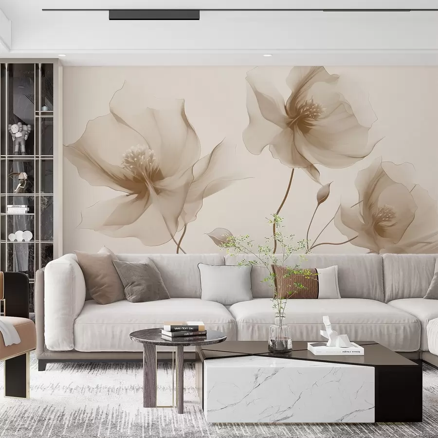 fototapeter Tre grasiøse blomster med gjennomskinnelige kronblader, flettet sammen med bånd av lys og vind i beige toner w01932