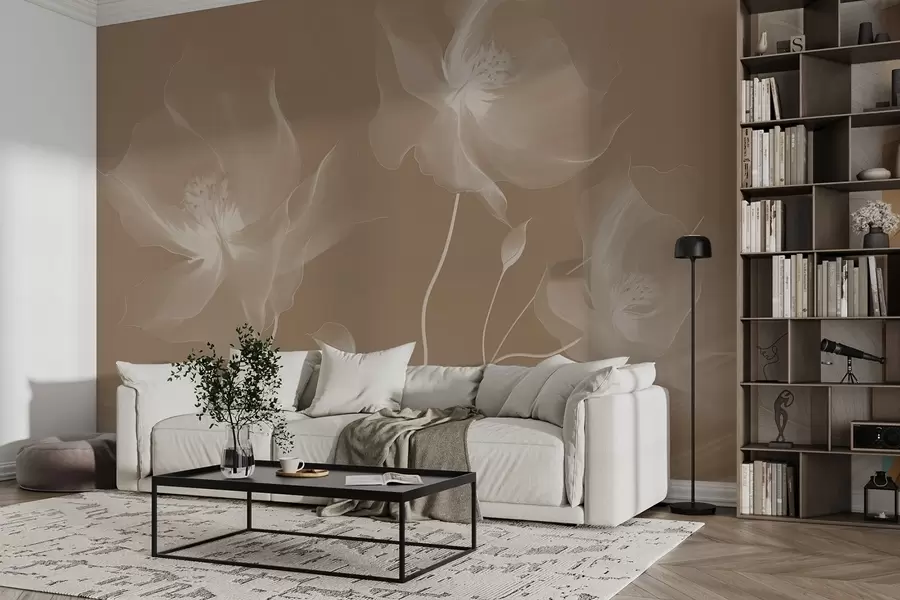 fototapeter Tre grasiøse blomster med gjennomskinnelige kronblader, flettet sammen med bånd av lys og vind i sepia w01932v1
