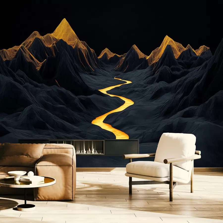 fototapeter Polygonalt, svart landskap og en elv mellom fjellene w02063