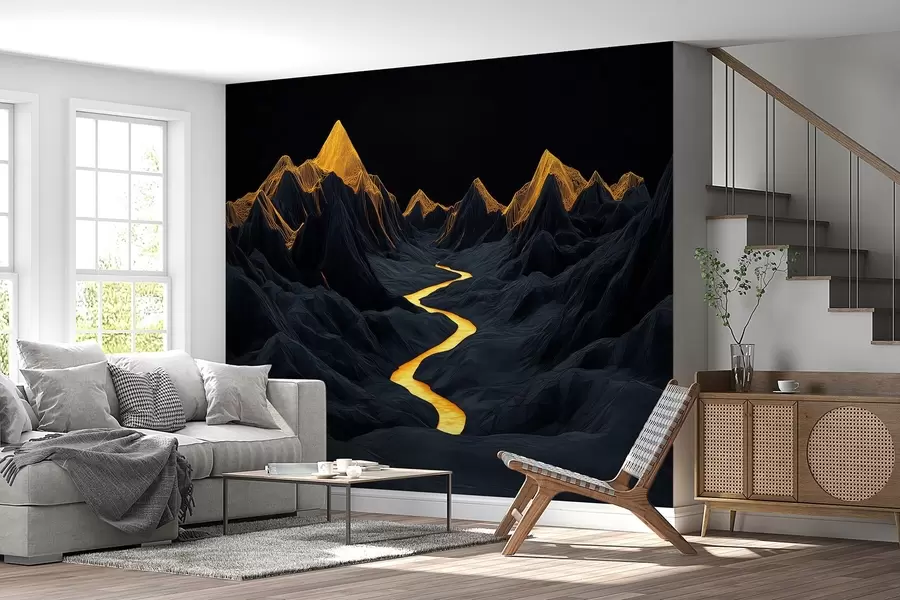 fototapeter Polygonalt, svart landskap og en elv mellom fjellene w02063
