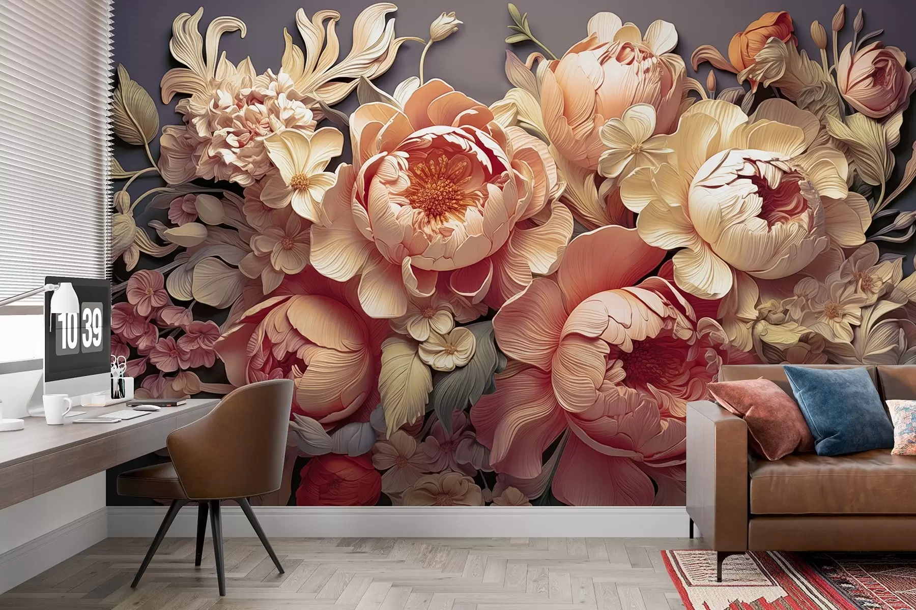 fototapeter Et 3D-blomsterarrangement med rosa-beige pioner og rokokko-lignende roser på en mørk bakgrunn w01933