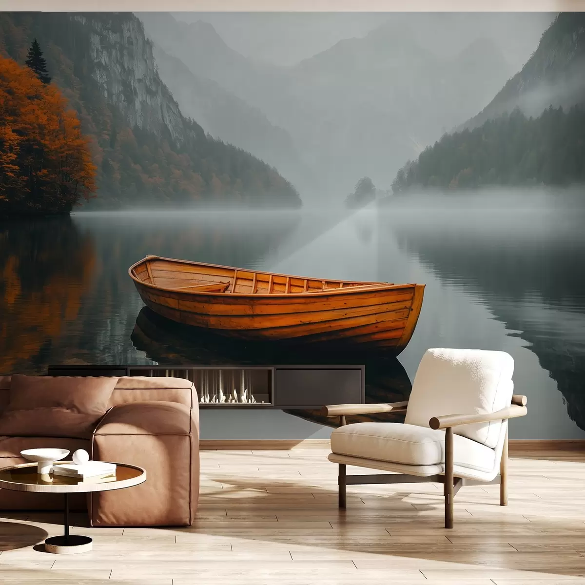 fototapeter En trebåt flyter på en innsjø, omgitt av tykk tåke og fjell i bakgrunnen w02195