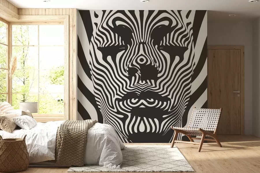 fototapeter Trellis i op art-stil med abstrakt ansikt, bølgete linjer på lys bakgrunn w02285