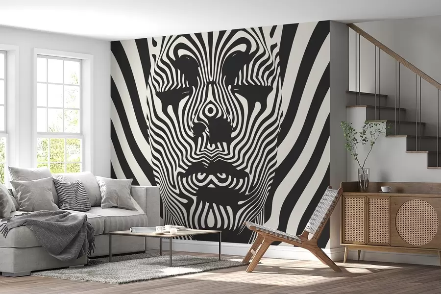 fototapeter Trellis i op art-stil med abstrakt ansikt, bølgete linjer på lys bakgrunn w02285