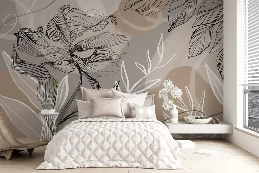 fototapeter Elegant blomstertrykk med store, abstrakte blomster og blader i grå og beige nyanser på en lys bakgrunn w08413
