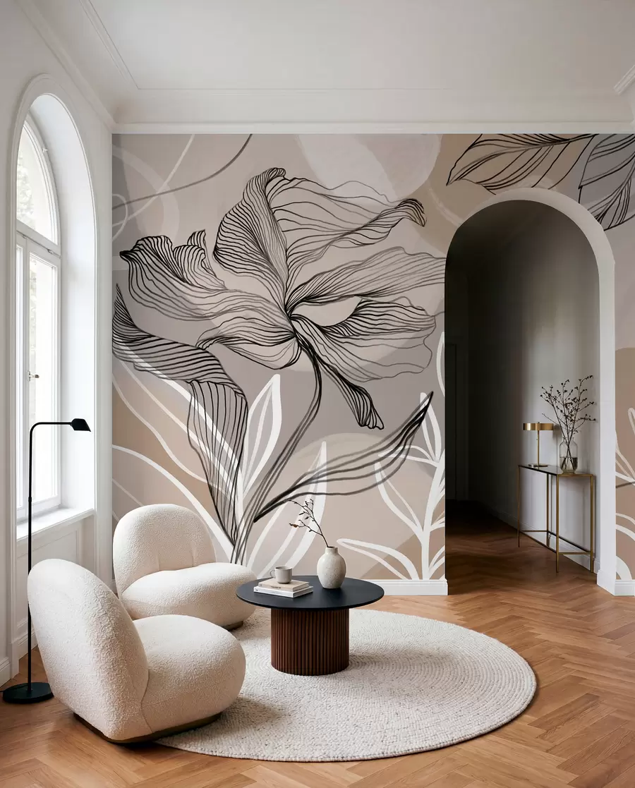 fototapeter Elegant blomstertrykk med store, abstrakte blomster og blader i grå og beige nyanser på en lys bakgrunn w08413