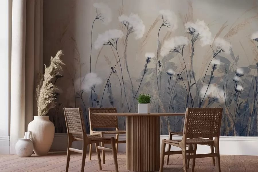 fototapeter Lunt, hvitt bomullsgress mot en uskarp teksturell bakgrunn, med en myk, disig og rolig atmosfære w08416