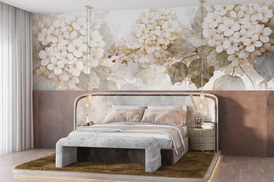 fototapeter Delikate hvite hortensiablomster med myke grønne blader mot en lys bakgrunn w08422