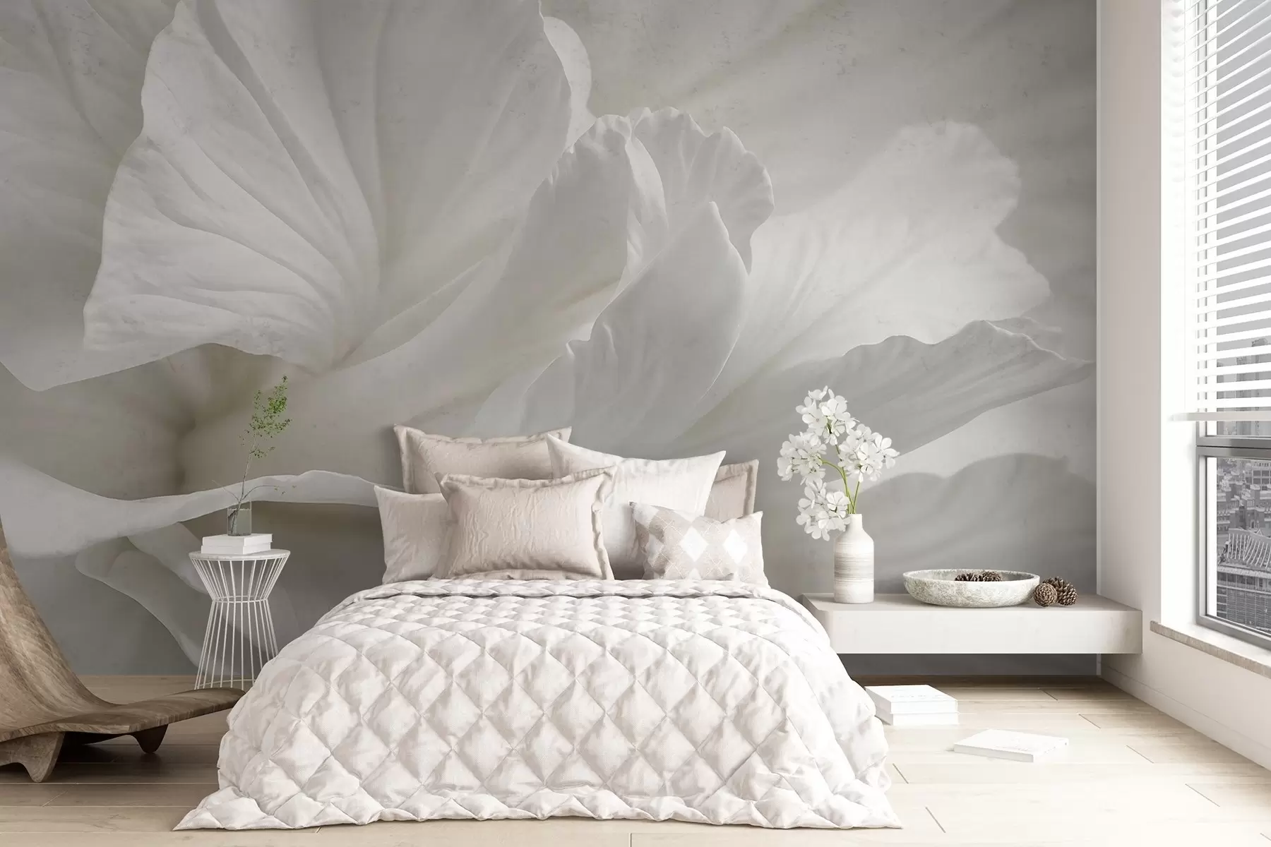 fototapeter Abstrakt, minimalistisk trykk av en delikat hvit blomst med myke, fløyelsmyke kronblader w08424