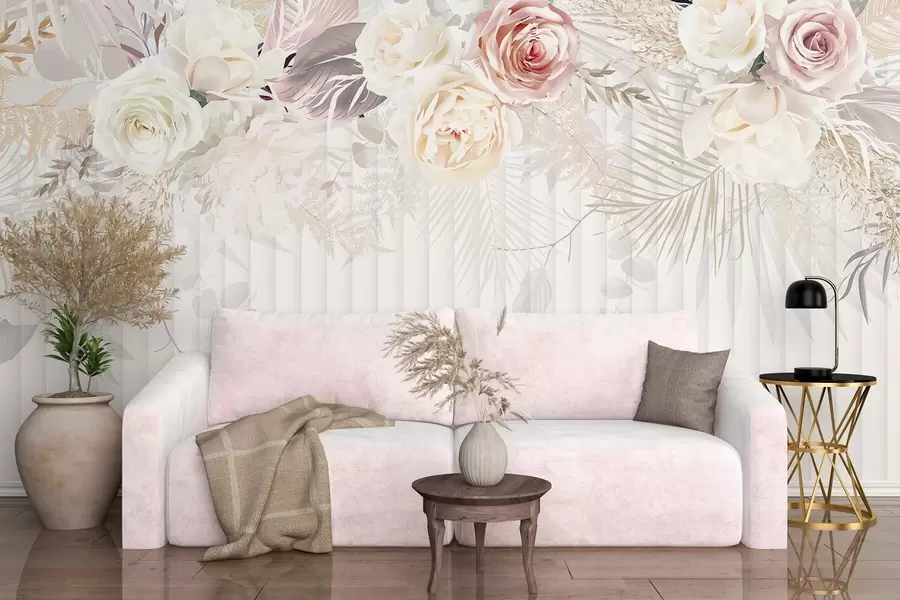 fototapeter Et blomsterarrangement med rosa og hvite roser, palmeblader og annet tropisk bladverk mot en hvit bakgrunn w08425