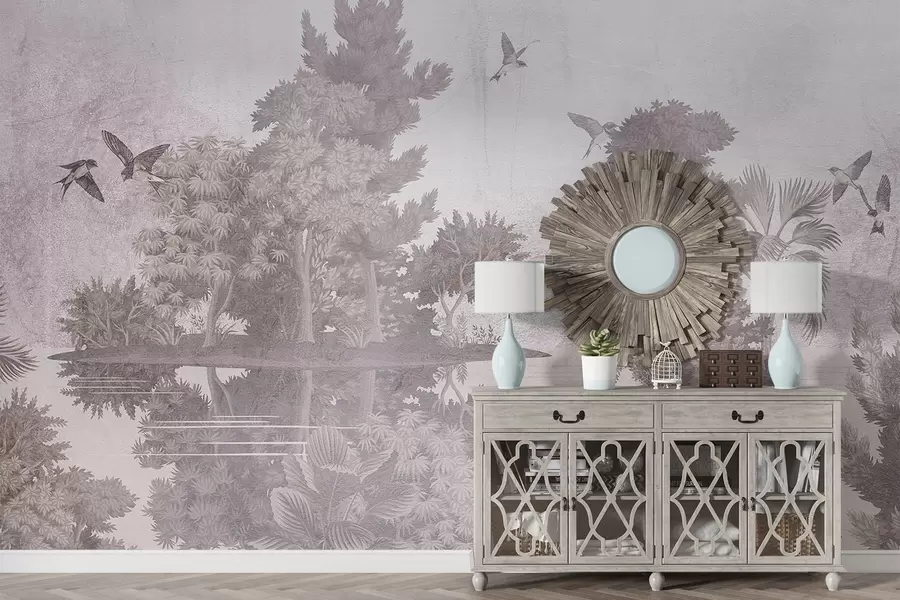 fototapeter Et skoglandskap med en innsjø omgitt av furutrær og annet løvverk på en strukturert beige bakgrunn w08426