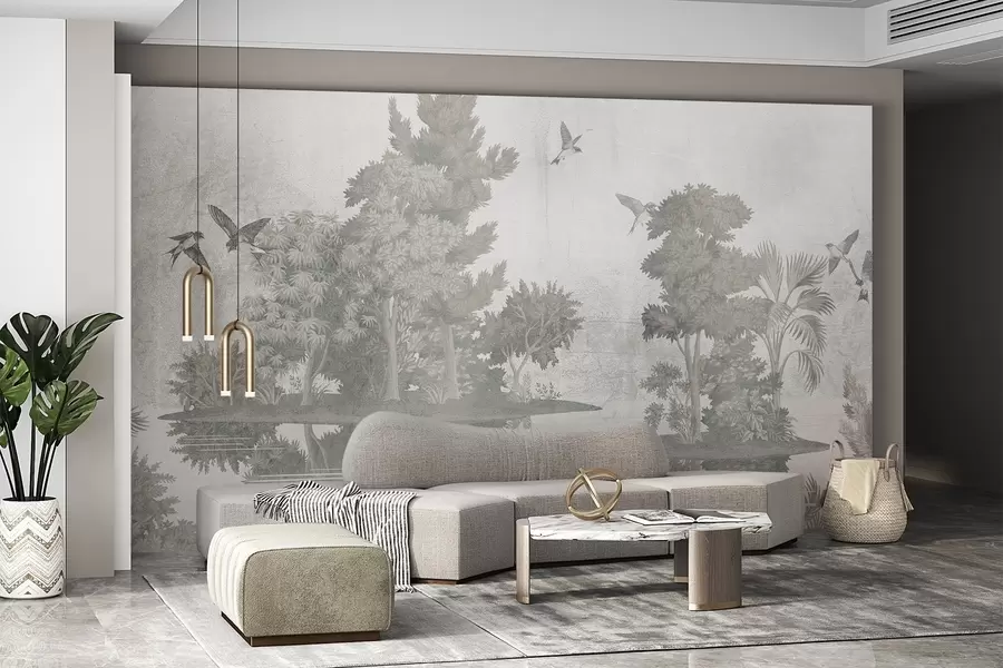 fototapeter Et skoglandskap med en innsjø omgitt av furutrær og annet løvverk på en grønn, strukturert bakgrunn w08426v1