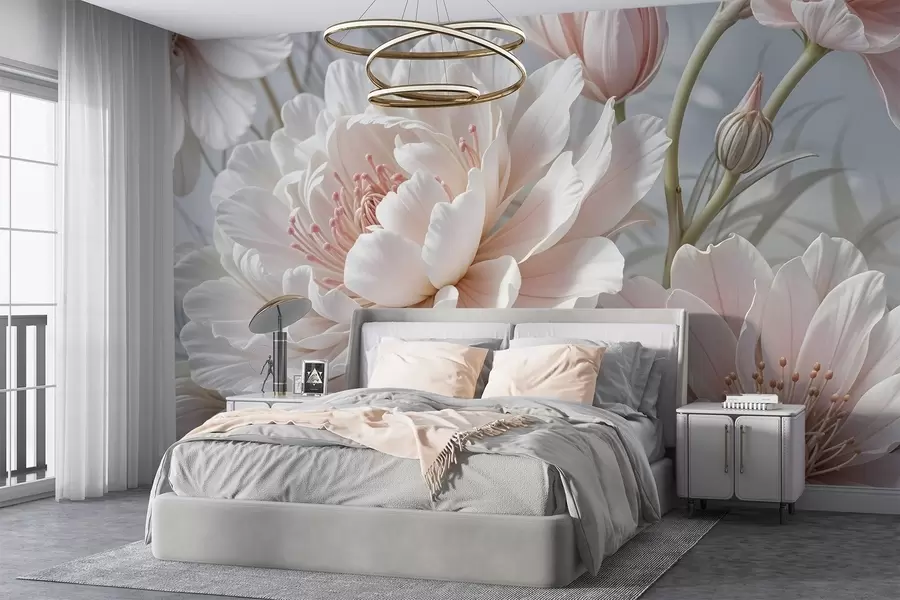 fototapeter Store, delikate hvite og rosa pionblomster med myke, luftige kronblader mot en uskarp grå bakgrunn w08427