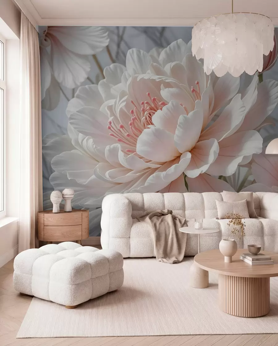 fototapeter Store, delikate hvite og rosa pionblomster med myke, luftige kronblader mot en uskarp grå bakgrunn w08427