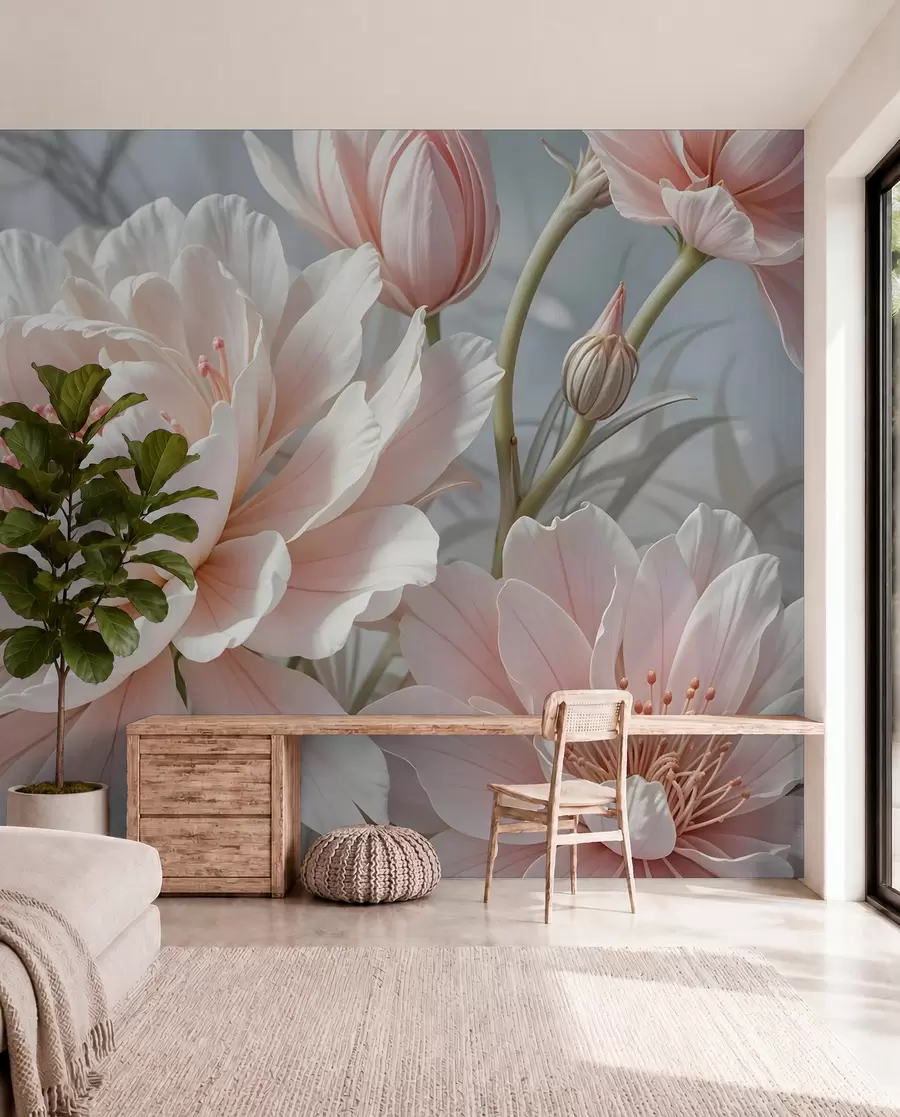 fototapeter Store, delikate hvite og rosa pionblomster med myke, luftige kronblader mot en uskarp grå bakgrunn w08427