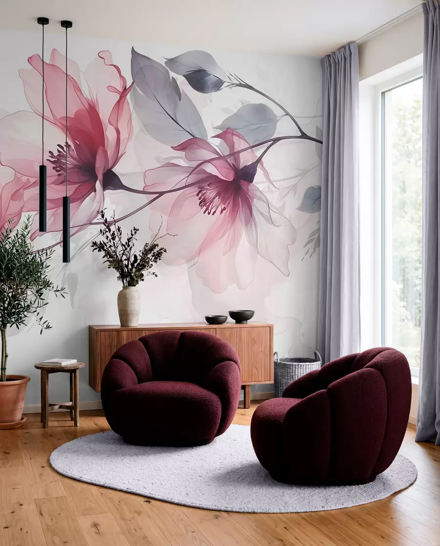 fototapeter Delikate, gjennomsiktige rosa og grå blomster med myke, uskarpe kronblader på hvit bakgrunn w08429
