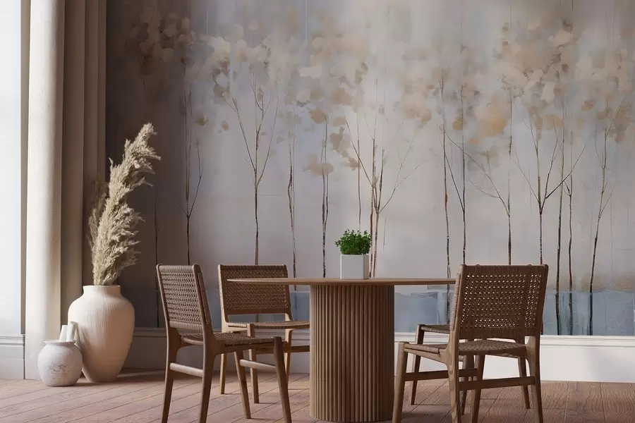 fototapeter Nakne trær i abstrakt pastellfarget, uskarpt, minimalistisk vinterlandskap med en myk, disig bakgrunn w08430