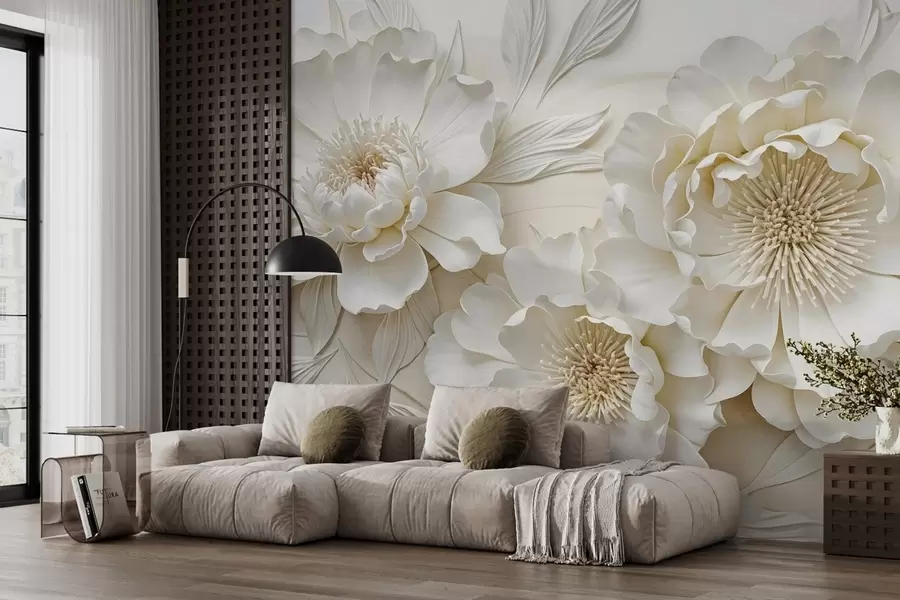 fototapeter Elegante, voluminøse imitasjoner av hvite pionblomster med myke kronblader og pastellgult senter, mot en lys bakgrunn w08431