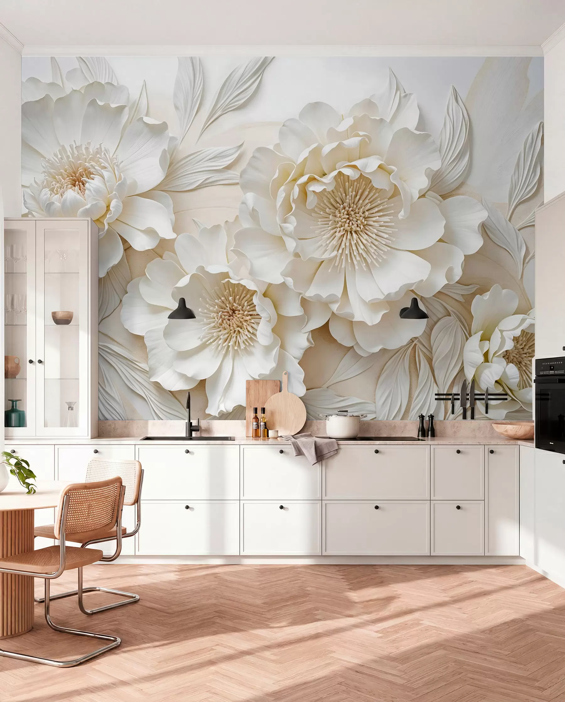 fototapeter Elegante, voluminøse imitasjoner av hvite pionblomster med myke kronblader og pastellgult senter, mot en lys bakgrunn w08431