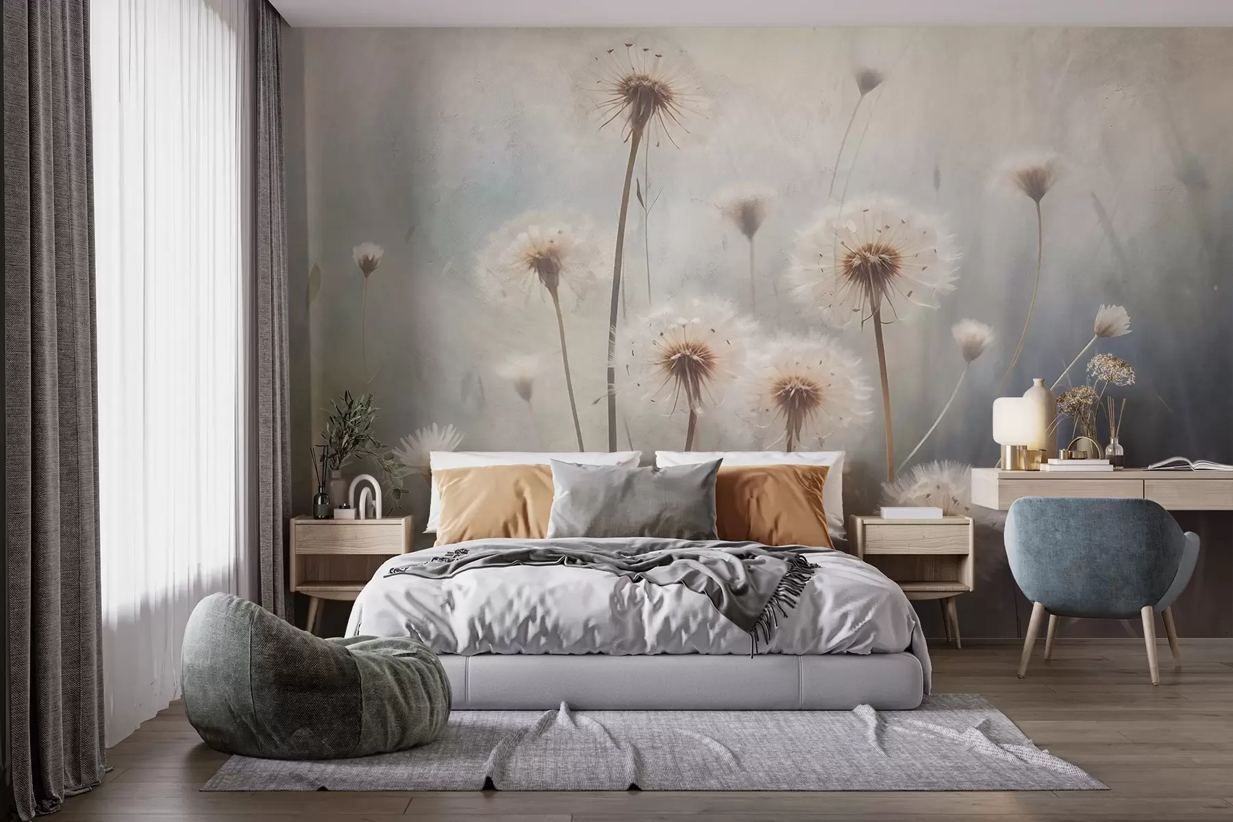 fototapeter Løvetannblomster i mykt fokus på et jorde, med en uskarp pastellfarget teksturert bakgrunn w08432