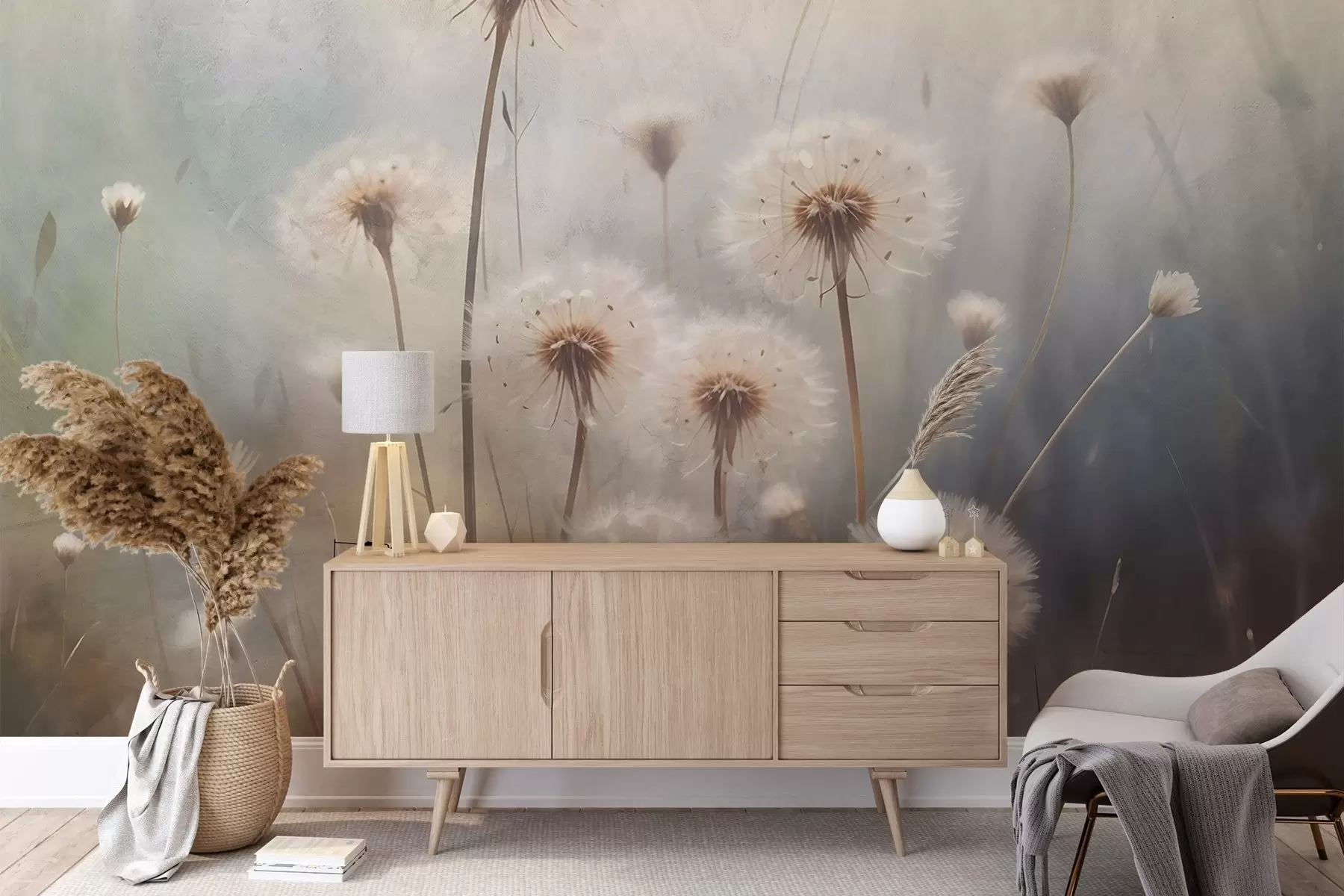 fototapeter Løvetannblomster i mykt fokus på et jorde, med en uskarp pastellfarget teksturert bakgrunn w08432