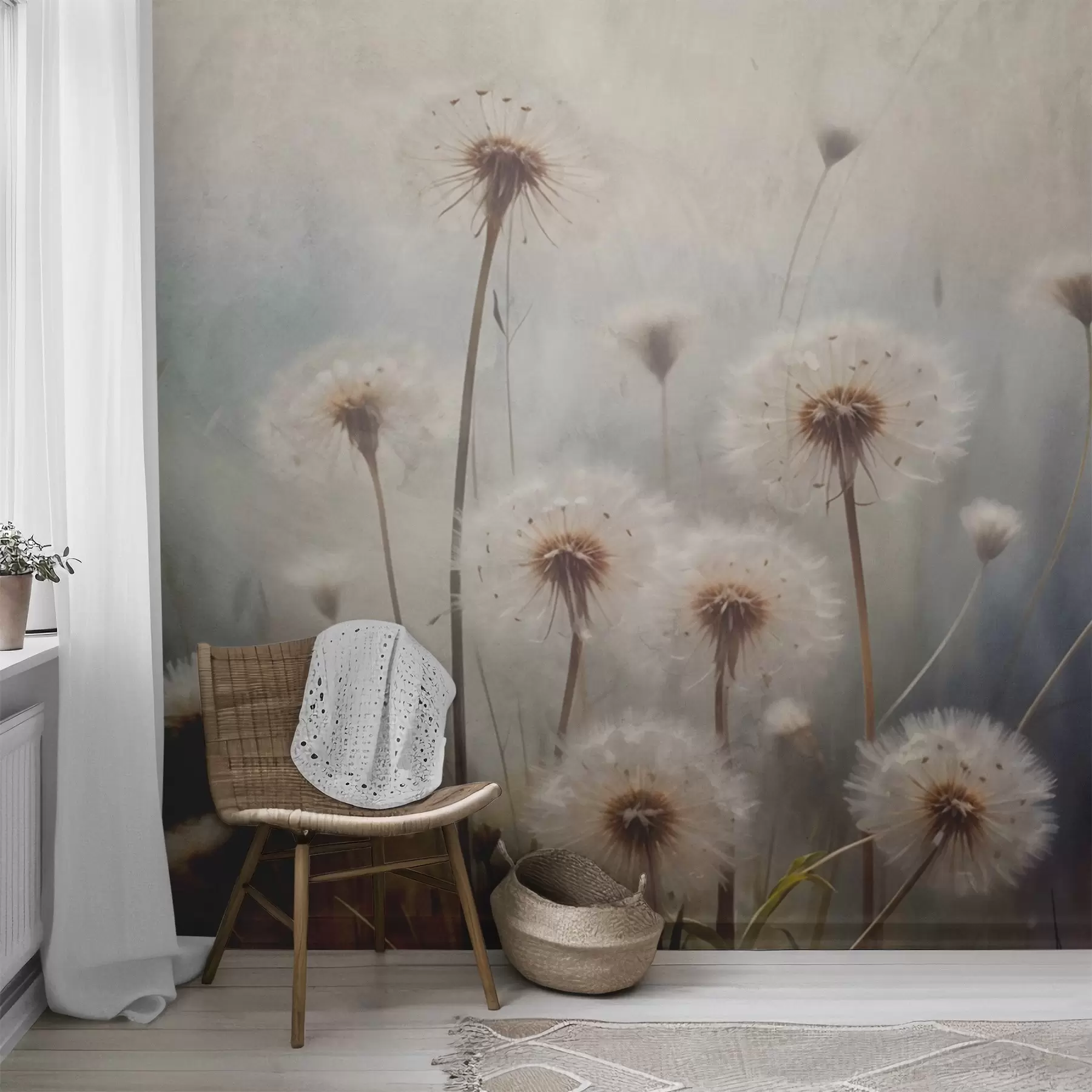 fototapeter Løvetannblomster i mykt fokus på et jorde, med en uskarp pastellfarget teksturert bakgrunn w08432