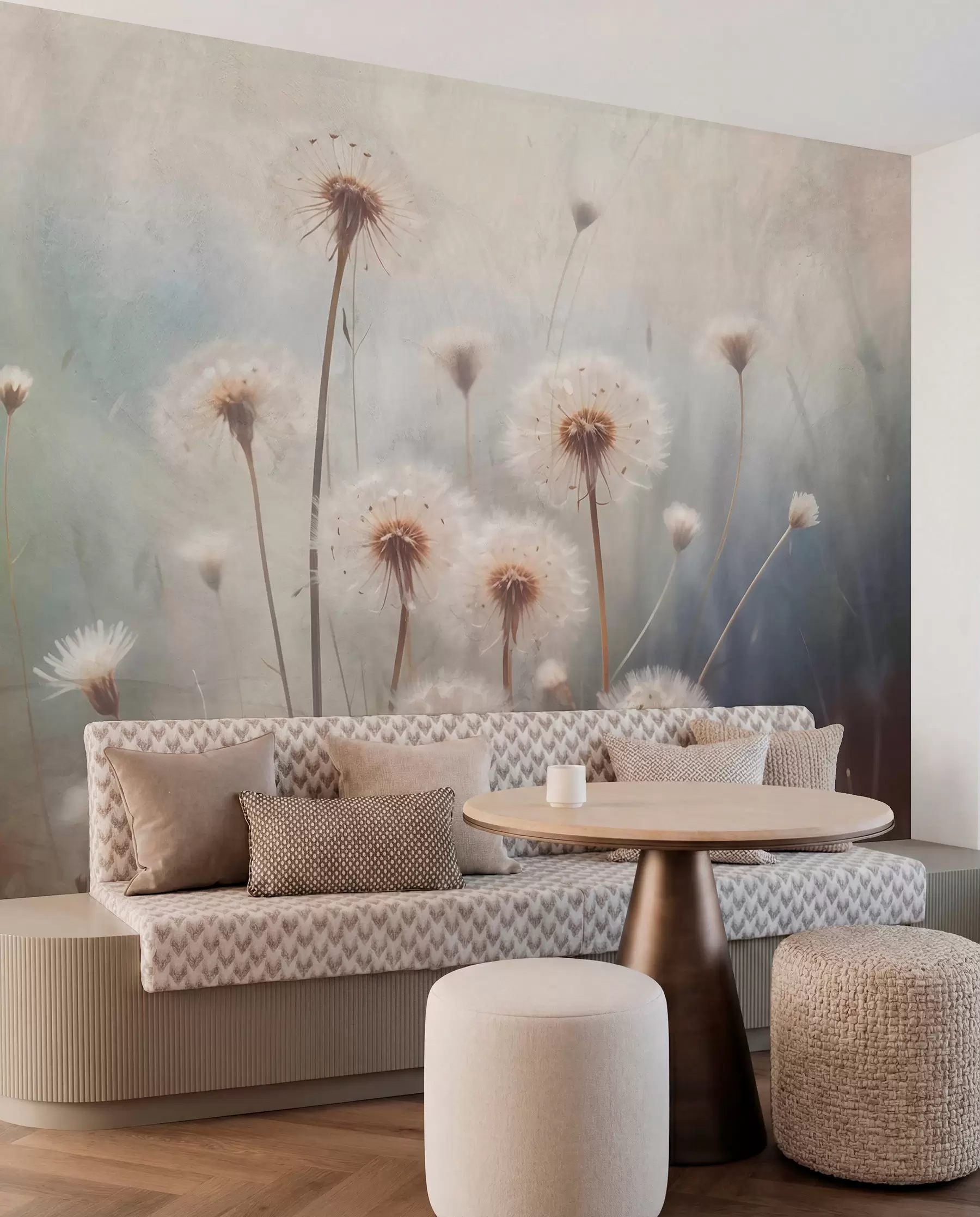 fototapeter Løvetannblomster i mykt fokus på et jorde, med en uskarp pastellfarget teksturert bakgrunn w08432