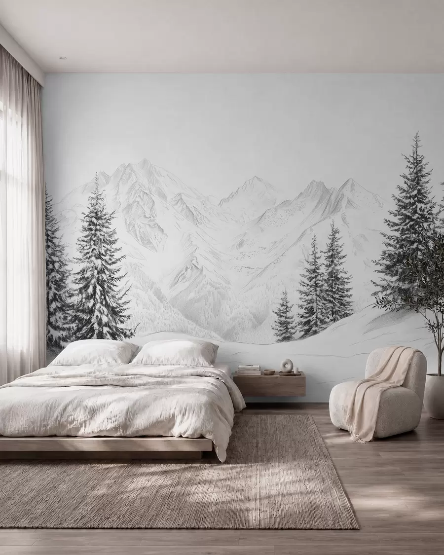 fototapeter Snødekte fjell, blyanttegning, minimalisme, skog, natur w02351