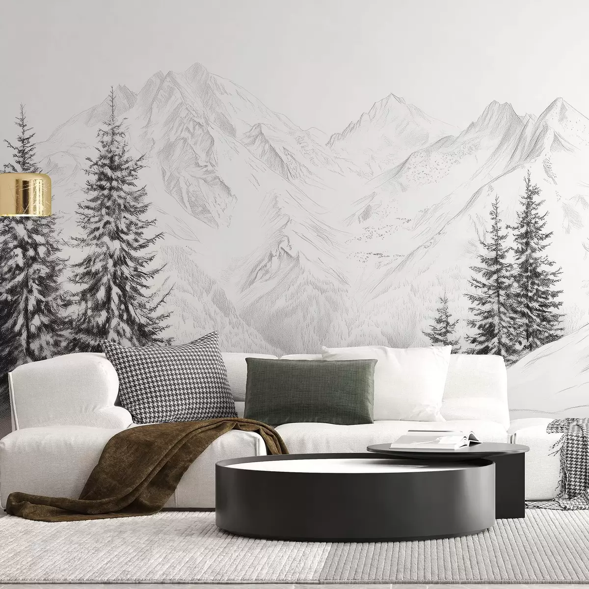 fototapeter Snødekte fjell, blyanttegning, minimalisme, skog, natur w02351