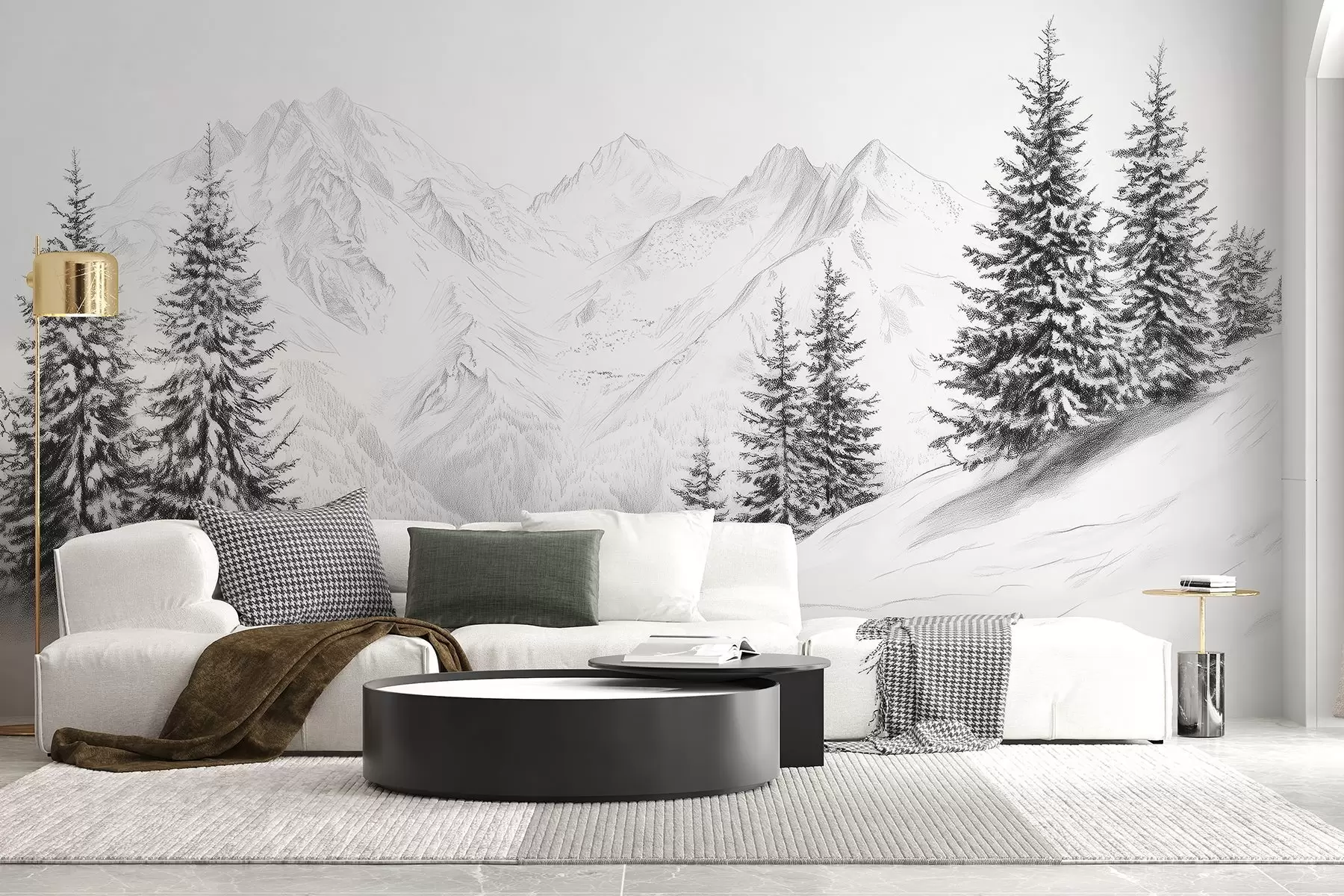 fototapeter Snødekte fjell, blyanttegning, minimalisme, skog, natur w02351