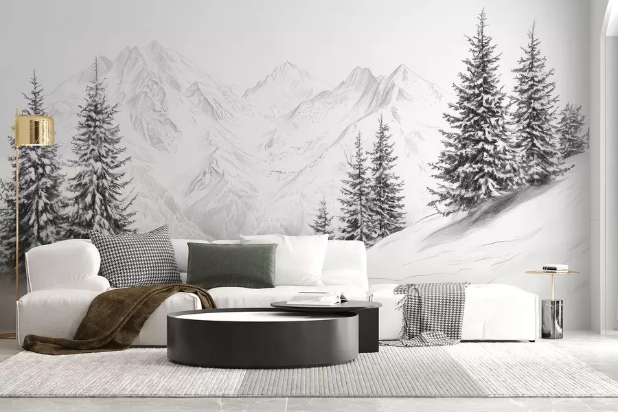 fototapeter Snødekte fjell, blyanttegning, minimalisme, skog, natur w02351