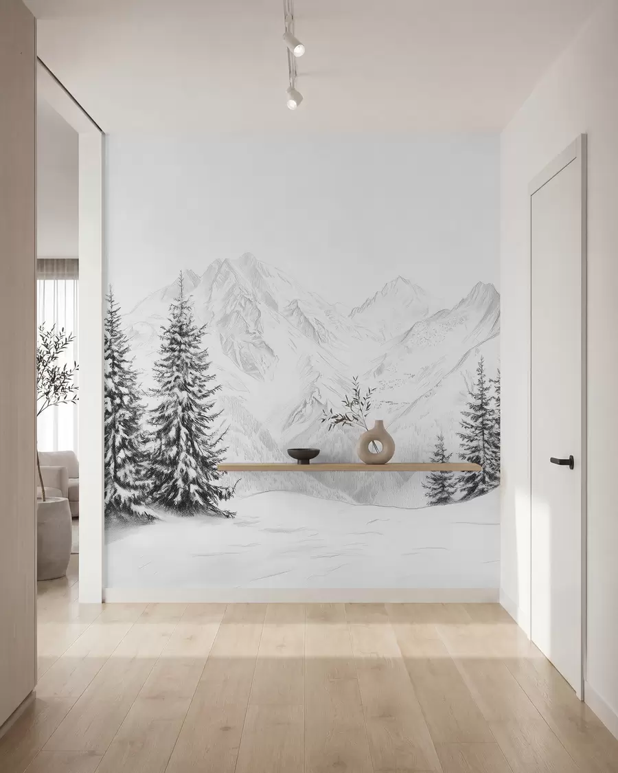 fototapeter Snødekte fjell, blyanttegning, minimalisme, skog, natur w02351