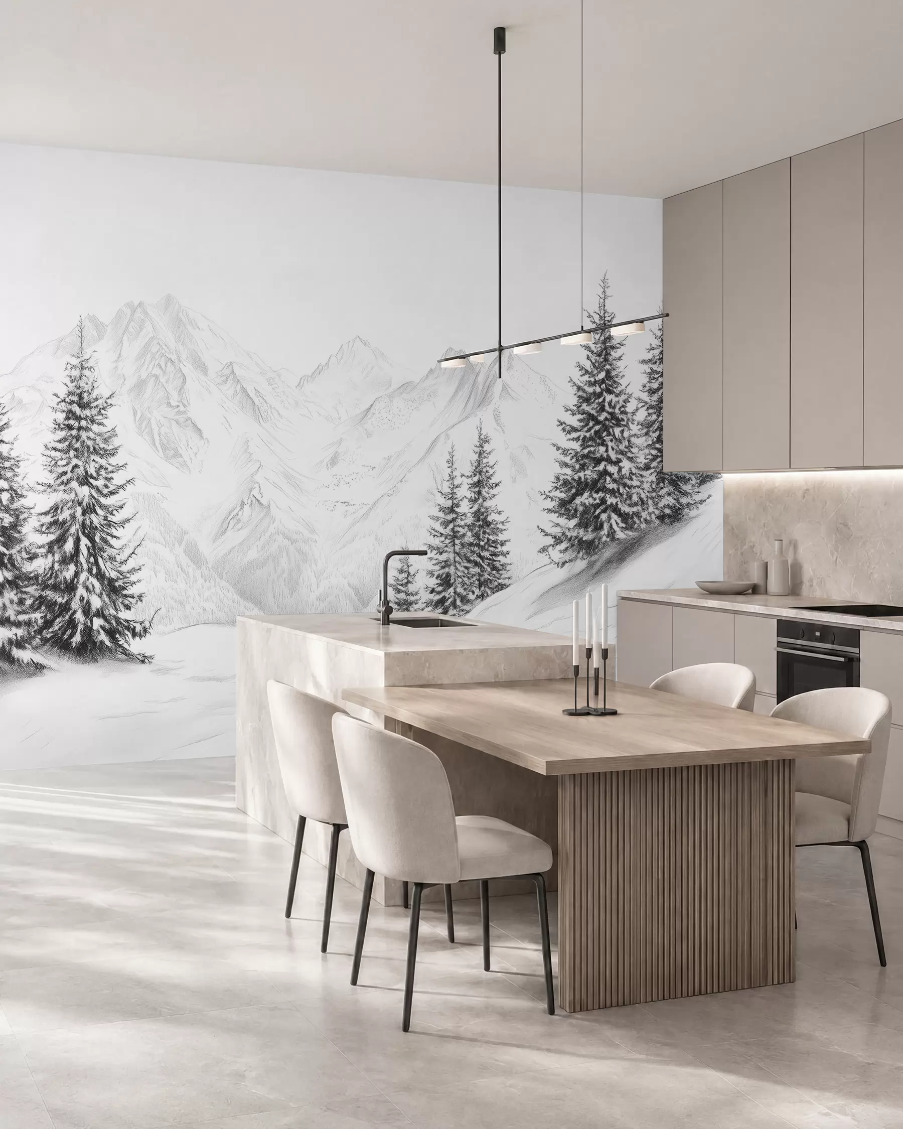 fototapeter Snødekte fjell, blyanttegning, minimalisme, skog, natur w02351
