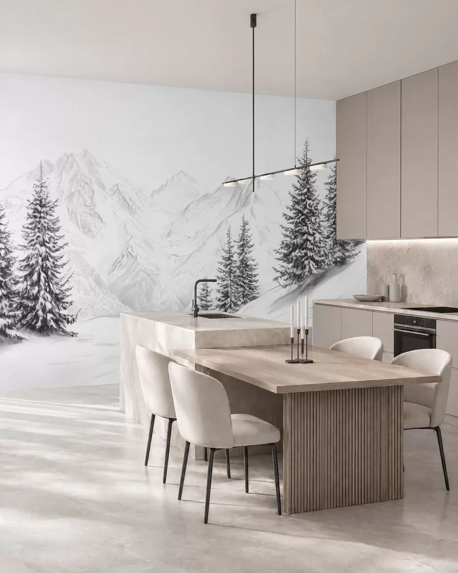 fototapeter Snødekte fjell, blyanttegning, minimalisme, skog, natur w02351