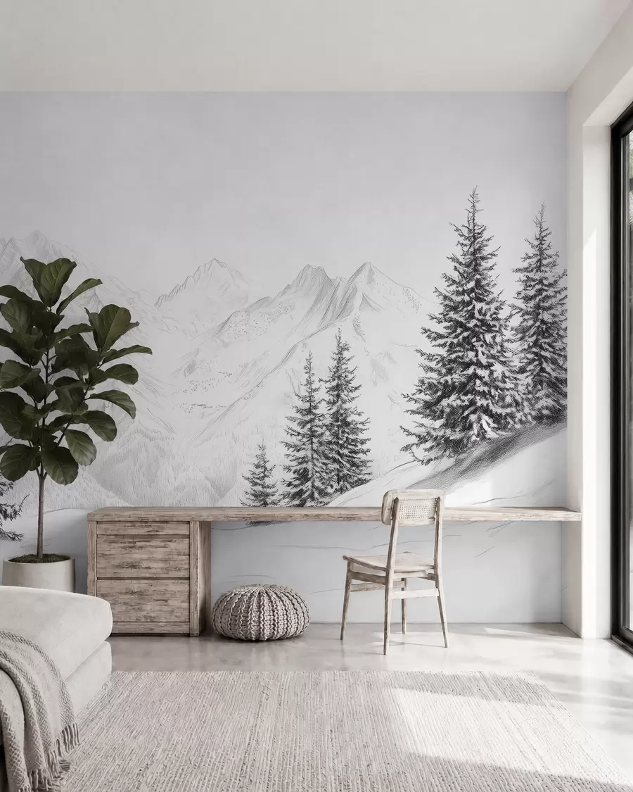 fototapeter Snødekte fjell, blyanttegning, minimalisme, skog, natur w02351